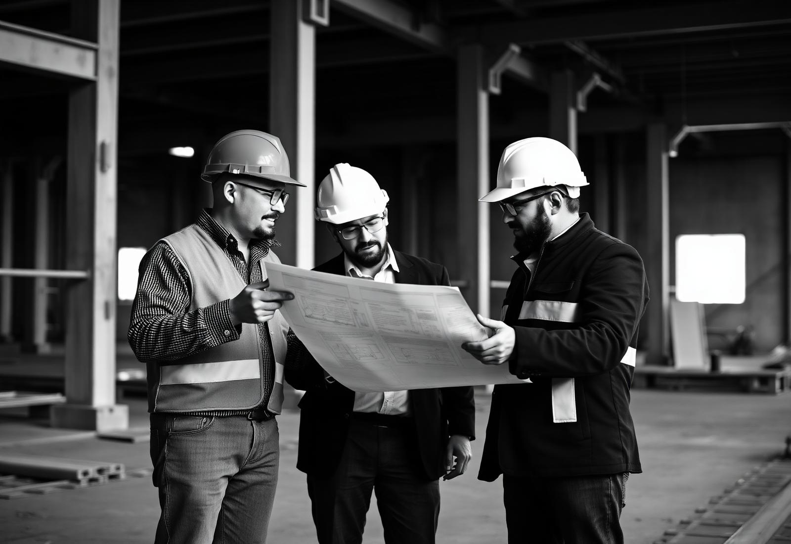 Engineers reviewing construction blueprints